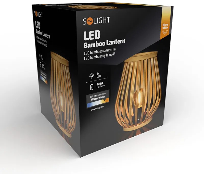 SOLIGHT Bambusový lampáš s LED žiarovkou, teplá biela, 2x AA, 20cm