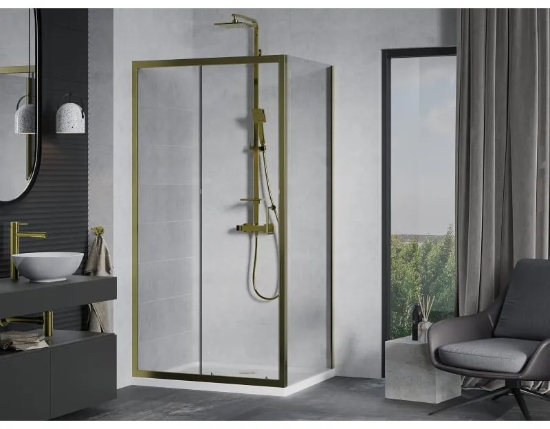 Mexen Apia, sprchový kút s posuvnými dverami 90 (dvere) x 100 (stena) cm, 6mm číre sklo, zlatý profil + biela sprchová vanička SLIM, 840-090-100-50-00-4010G