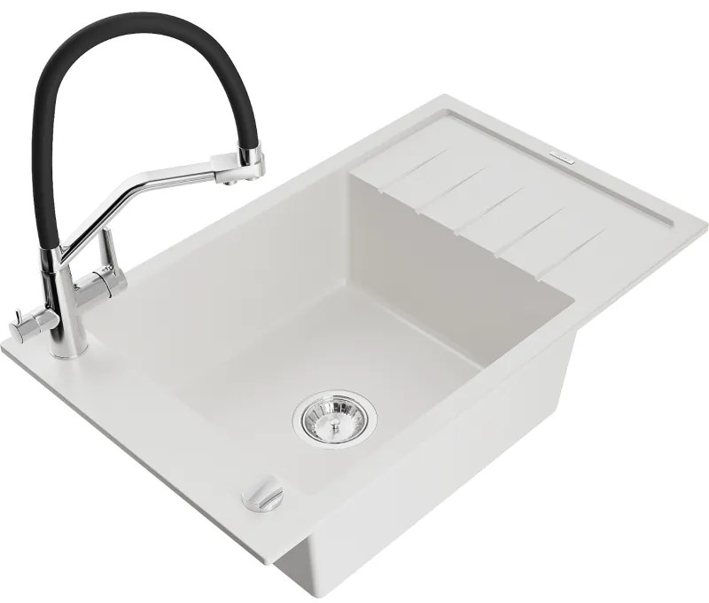 Mexen Elias, 1-komorový granitový drez 795x480x200 mm a drezová batéria Duo, biela, 6511-20-671701-07