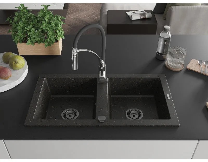 Mexen Mario, granitový drez 820x436x161 mm, 2-komorový a drezová batéria Aster, čierna-zlatá metalíza, 6504-75-73450-07-B