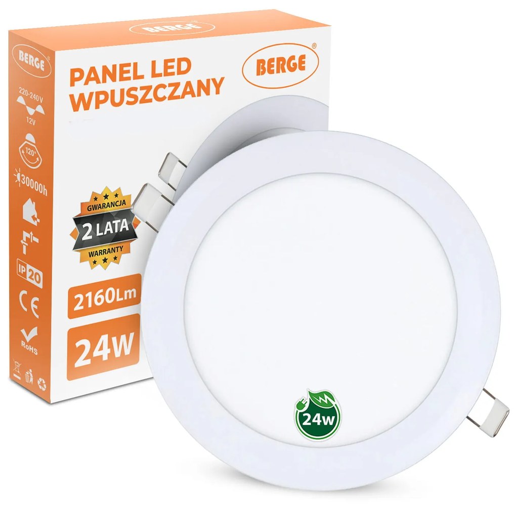 BERGE LED panel kruhový - 300x300x17mm vstavaný - 24W - 230V - 1900Lm - neutrálny