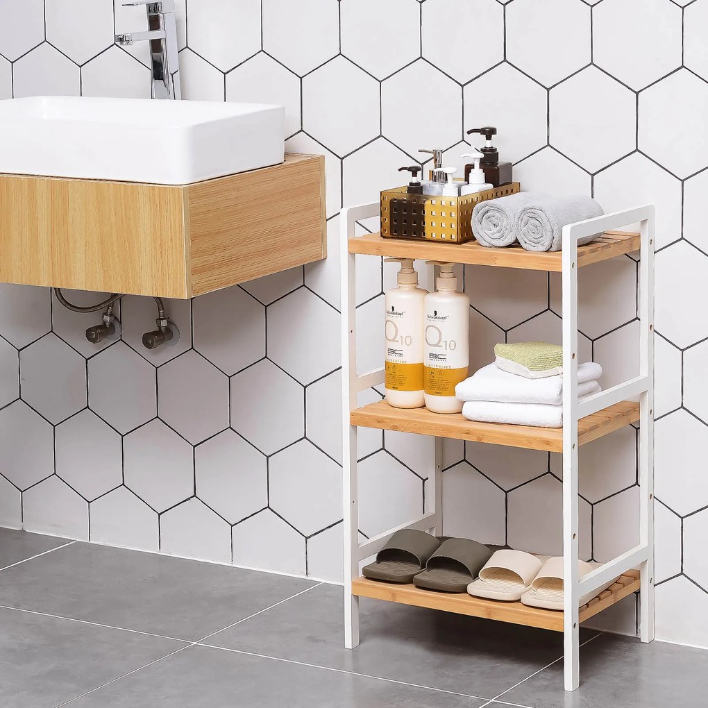 Bambusový úložný regál s 3 policami, prírodná a biela farba