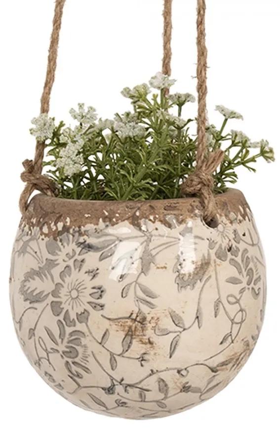 Závesný béžový keramický obal na kvetináč so šedými kvetmi - Ø 11*12/74 cm