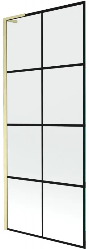 Mexen Next L, 1-krídlová vaňová zástena 80 x 150 cm, 6mm číre sklo-čierny vzor, zlatý matný profil, 895-080-000-03-77-55