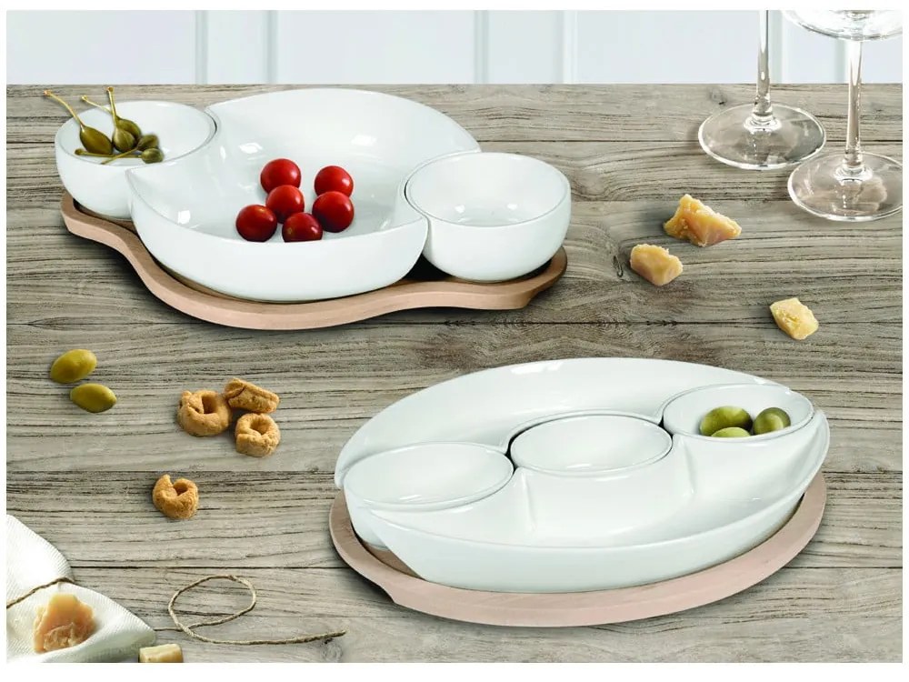 Sada 5 bielych servírovacích misiek z porcelánu na bambusovom podnose Brandani Plait