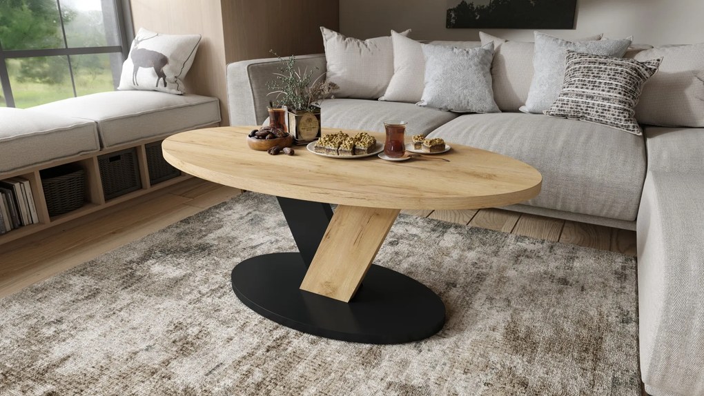LOVA Craft Zlatý dub/Čierny - OVÁLNY KONFERENČNÝ STOLÍK 110 × 60 cm MODERNÝ KÁVOVÝ STOLÍK