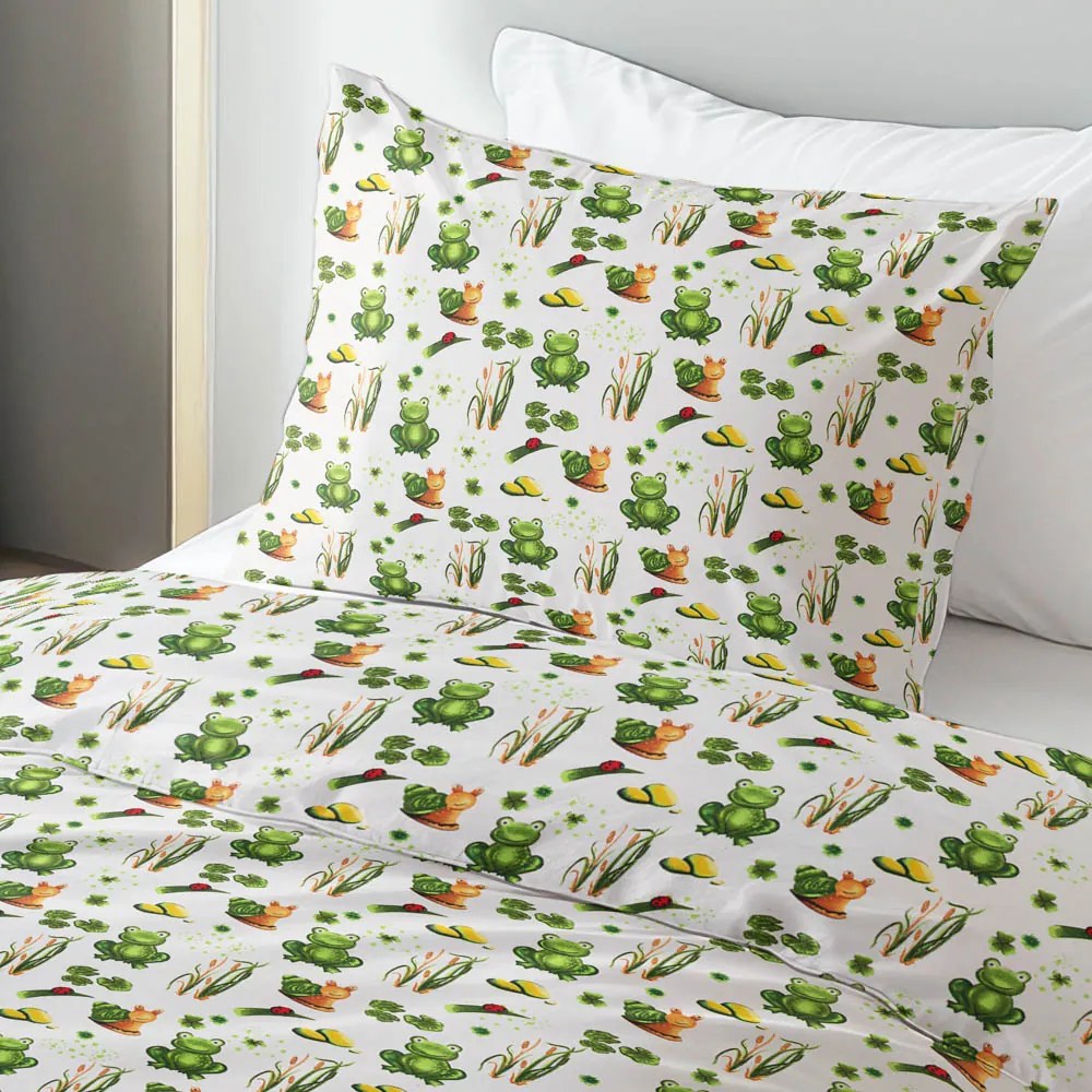 Biante Detské bavlnené posteľné obliečky Sandra SA-609 Žabky a slimáky na bielom Predĺžené 140x220 a 70x90 cm