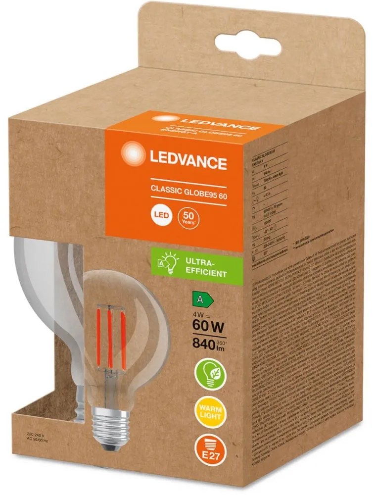 LED žiarovka E27 G95 4W = 60W 840lm 3000K Warm 320° Filament LEDVANCE Ultra Efficient