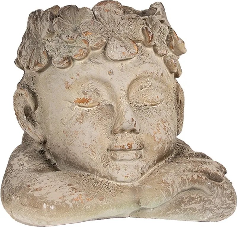 Šedo-béžový antik kvetináč hlava chlapca s kvetmi - 20*20*19 cm