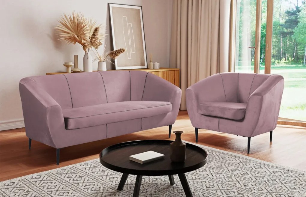 Trojmiestna pohovka Olivio, svetle ružová zamatová látka