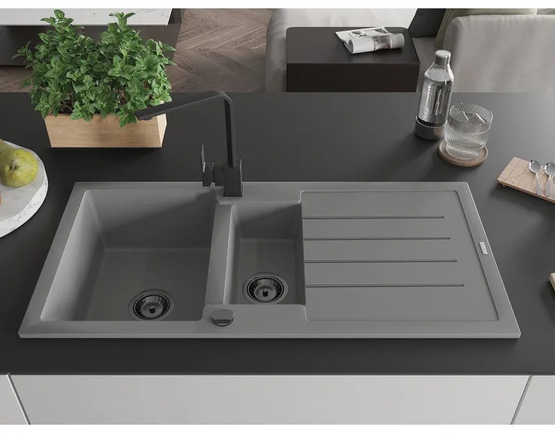 Mexen Andres, granitový drez 1000x500x200 mm, 1,5-komorový, šedá s čiernym sifónom a čierna drezová batéria Rita, 6515-71-670300-70-B