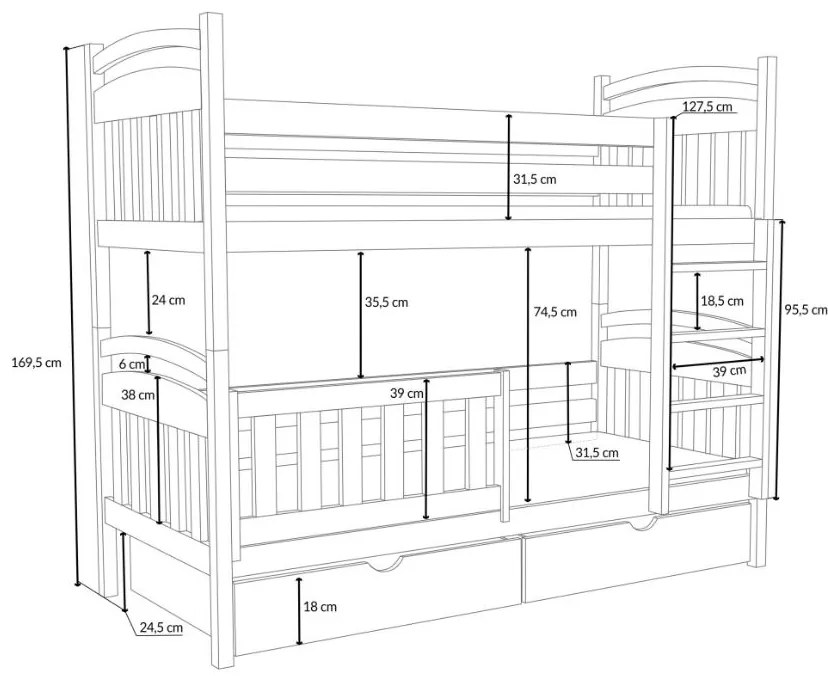 Detská poschodová posteľ z masívu borovice ADAM so šuplíkmi - 200x90 cm - PRÍRODNÁ BOROVICA
