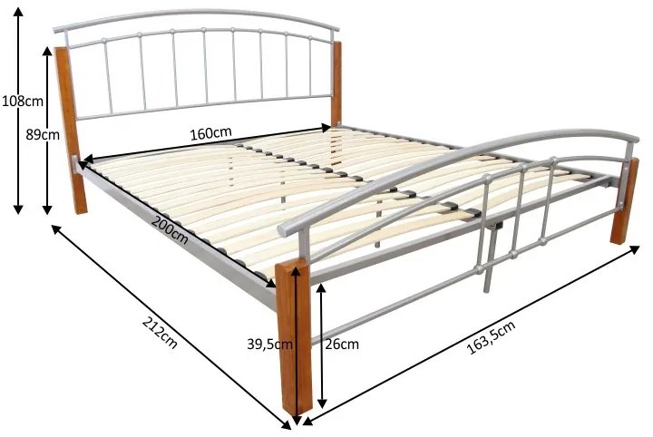 Kondela Manželská posteľ MIRELA, 160x200, drevo prírodné/strieborný kov