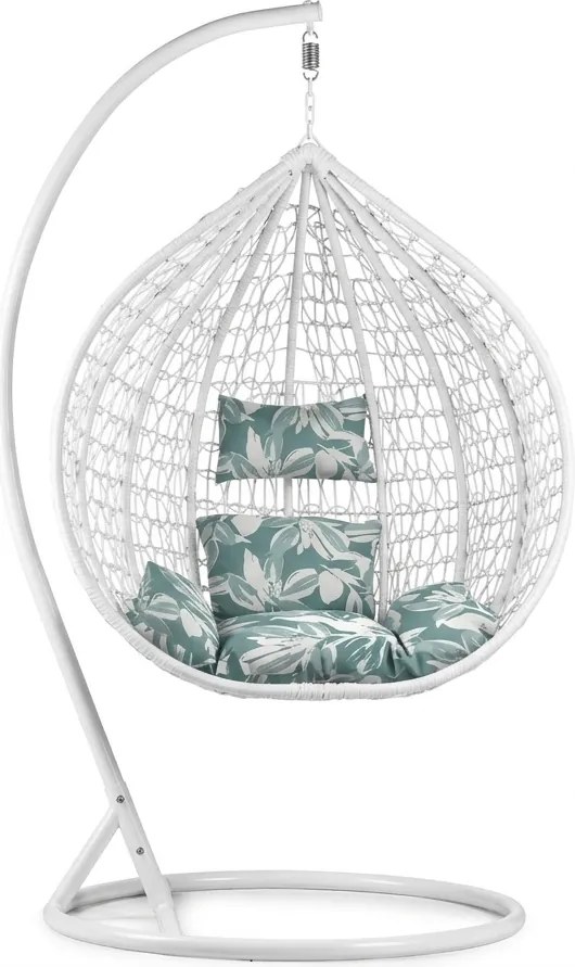 Biele závesné kreslo KOKON so stojanom, zeleno-biely vankúš