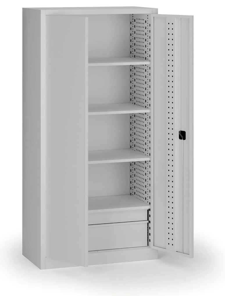 Policová dielenská skriňa 2-dverová, 4 police + 2 zásuvky, 1950 × 950 × 500 mm, sivé dvere
