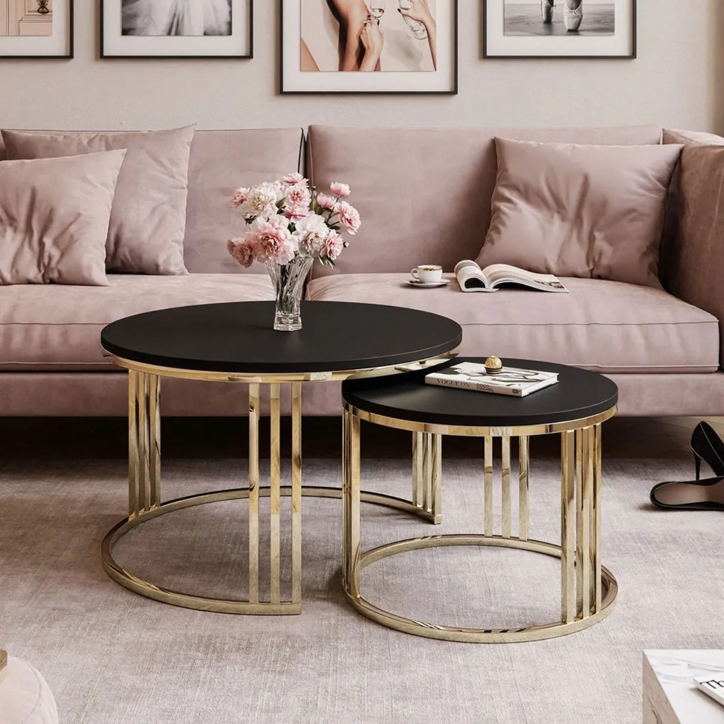 OKRÚHLY KONFERENČNÝ STOLÍK 2v1 LEONARDO 2 GLOSS CHROME ČIERNY MATNÝ + ZLATÝ