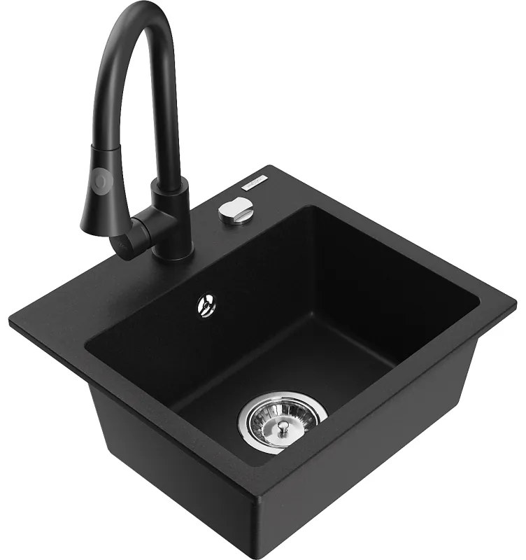 Mexen Milo, 1-komorový granitový drez 435x410x171 mm a drezová batéria Elia, čierna, 6505-77-670101-70
