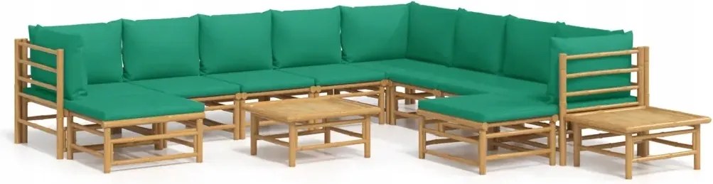 vidaXL 12-dielna sada záhradného nábytku, zelené vankúše, bambus