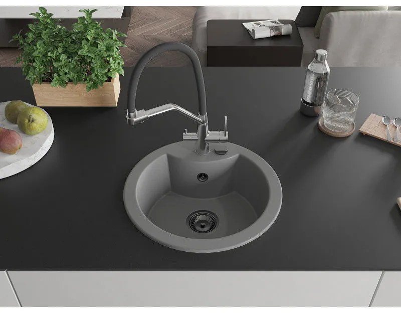 Mexen Diego, 1-komorový granitový drez 488x488x167 mm a drezová batéria Duo, šedá, 6512-71-671701-07-B