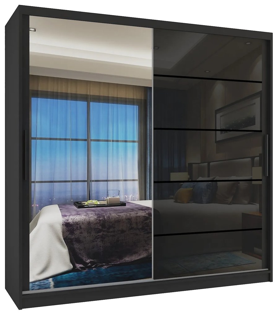 Šatníková skriňa 200 cm Belini čierny mat / čierny lesk s posuvnými dverami zrkadlom a zásuvkami  MGB SZP5/1/B/1L5B/KLP