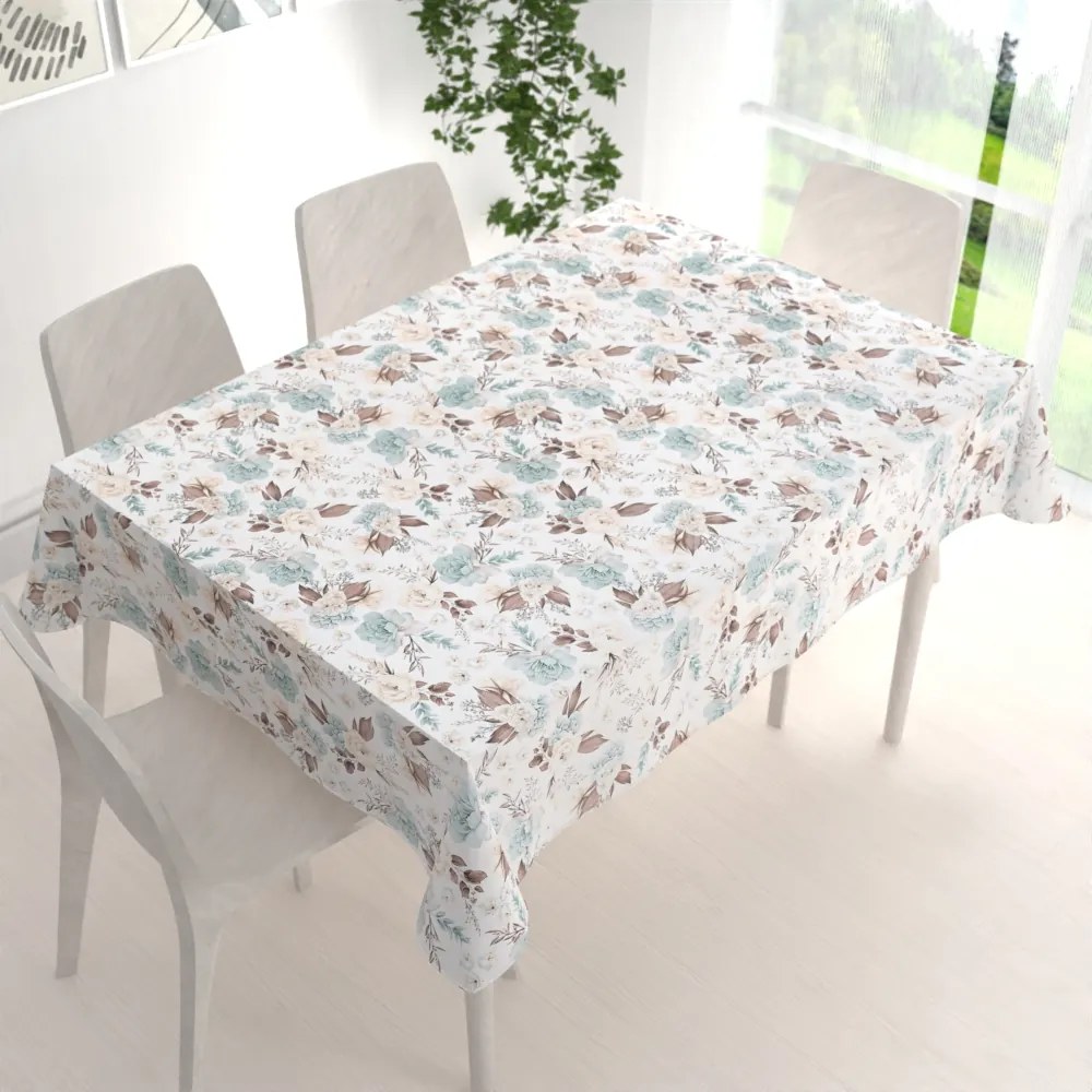 Biante Bavlnený obdĺžnikový obrus Sandra SA-451 Žlto-hnedo-mintové ruže na bielom 80x120 cm
