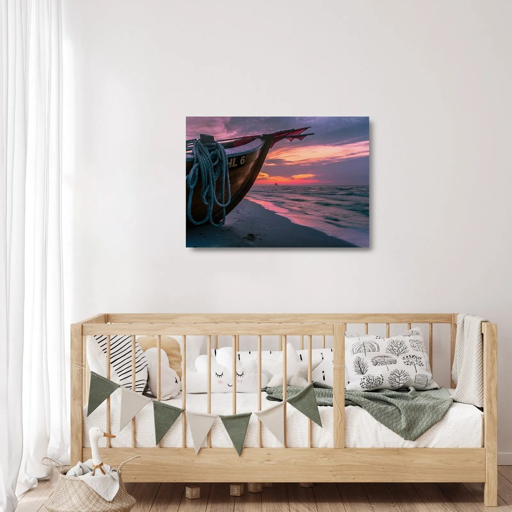 Sklenený obraz loďky na brehu (70x50 cm)