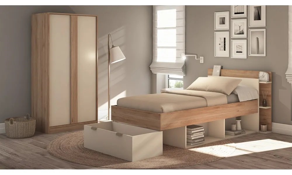 Jednolôžková posteľ v dekore duba s úložným priestorom bez roštu v bielo-prírodnej farbe 90x200 cm Albo – Marckeric