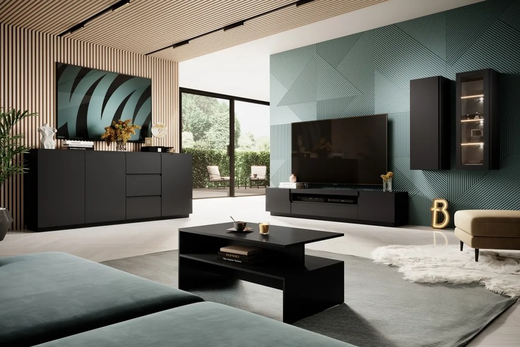 TV stolík Loftia 200 cm s otvorenou policou - čierna / čierny mat