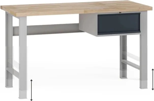Výškovo nastaviteľný dielenský stôl G7, buková škárovka, 1500 x 685 x 840-1040 mm, 1x kontajner, 1 zásuvka, grafit