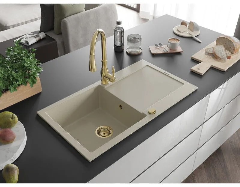 Mexen Leo, 1-komorový granitový drez 900x500x190 mm a drezová batéria Savita, béžová, 6501-69-672601-50