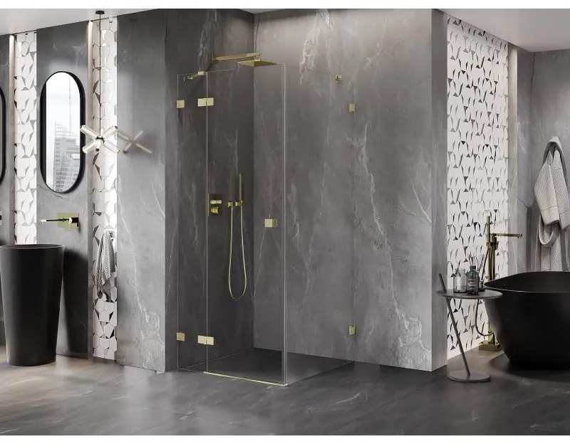 Mexen Lunar, výklopný sprchový kút ľavý 80 x 80 cm, 8mm číre sklo, zlatý kartáčovaný - 834-080-080-55-00-L