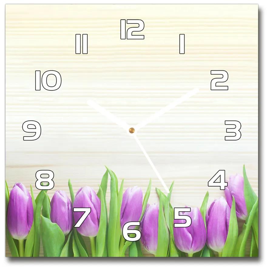 Sklenené hodiny štvorec Fialové tulipány pl_zsk_30x30_f_78755149