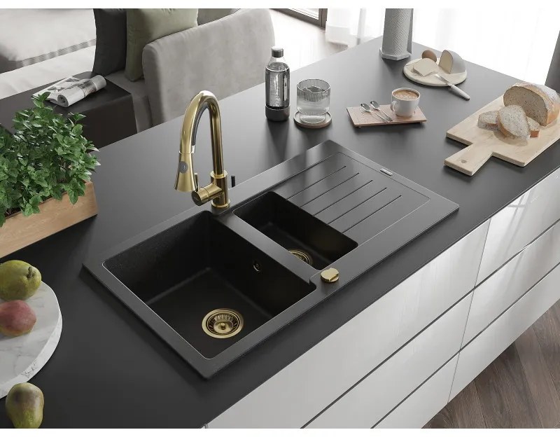 Mexen Matias, granitový drez 900x505x200 mm, 1,5-komorový, čierna-strieborná metalíza so zlatým sifónom, 6502901505-73-G