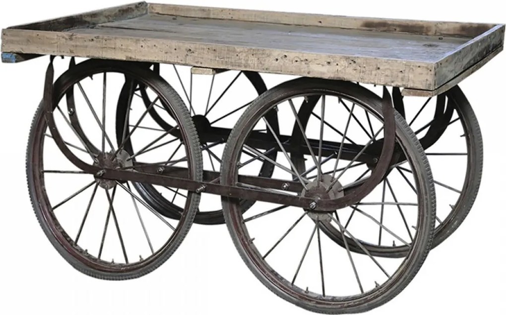 Retro kovový vozík na veľkých kolesách s drevenou doskou Old Cart - 144*70*79cm