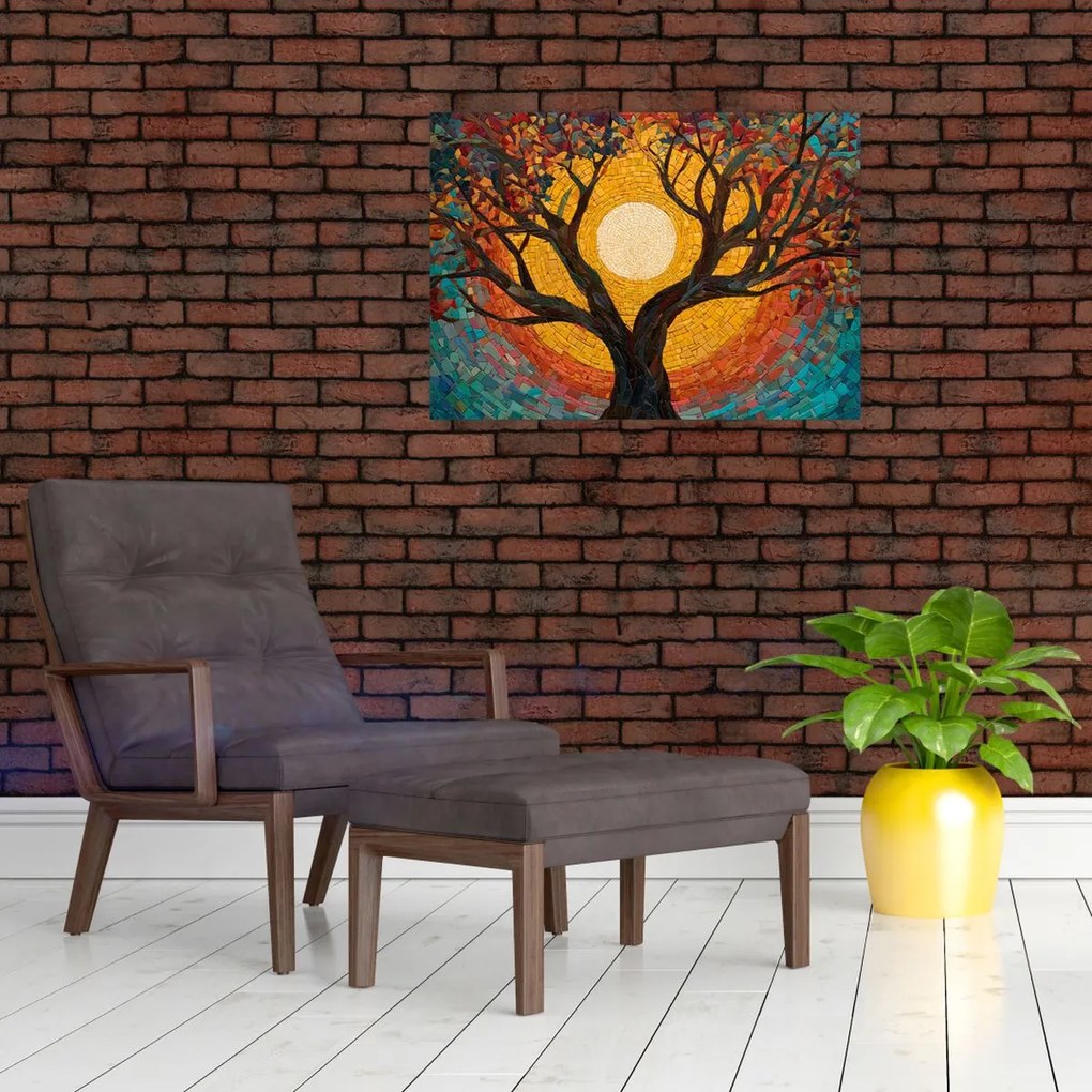 Sklenený obraz - Slnko v korune stromu života (70x50 cm)