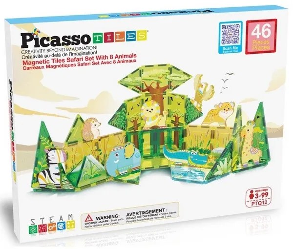 PicassoTiles magnetická stavebnicová sada SafariSet s 8 zvieratkami