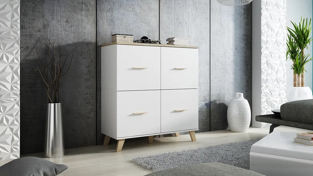 Komoda Lotta 110 4D - biela / dub sonoma