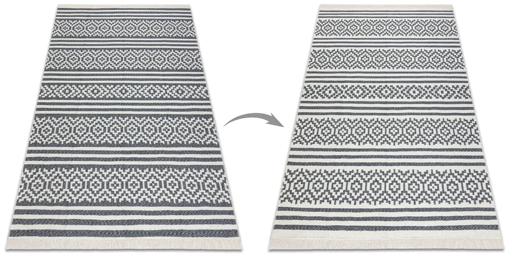 Obojstranný šnúrkový ekologický koberec TWIN 22996 Geometrický vzor, so strapcami, antracit - krémový