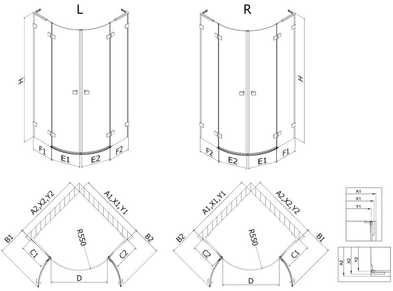 Mexen Lunar, L výklopný polkruhový sprchový kút 70 x 70 cm, 8mm číre sklo, zlatý profil, 833L-070L-070P-50-00