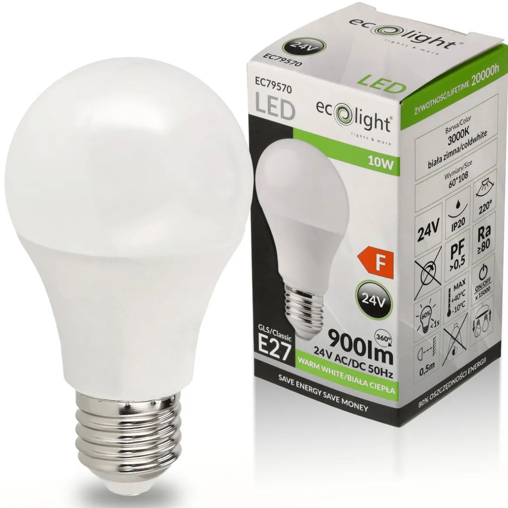 ECOLIGHT LED žiarovka E27 10W 24V - teplá biela