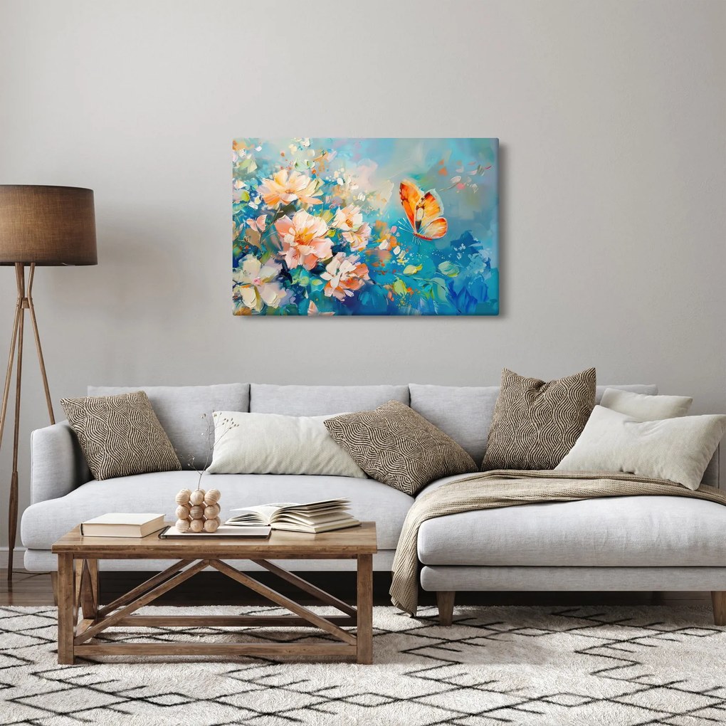 Obraz - Motýľ a kvety, olejomaľba II. (90x60 cm)