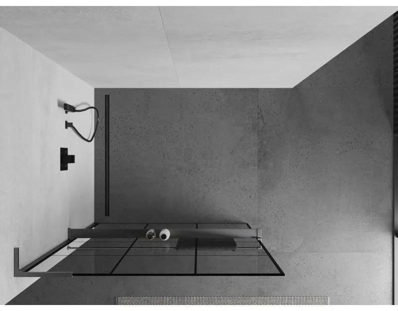 Mexen Kioto+ L, sprchová zástena Walk-In s poličkou a vešiakom 120 x 200 cm, 8mm číre sklo čierny vzor, grafitový profil, 800-120-123-66-77