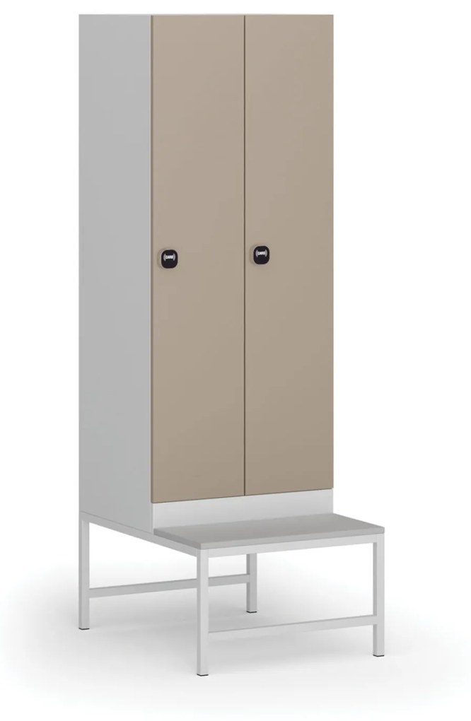 Šatníková skrinka s lavičkou, 2 oddiely, 1875 x 600 x 500/800 mm, zámok s čítačkou RFID kariet, béžové dvere