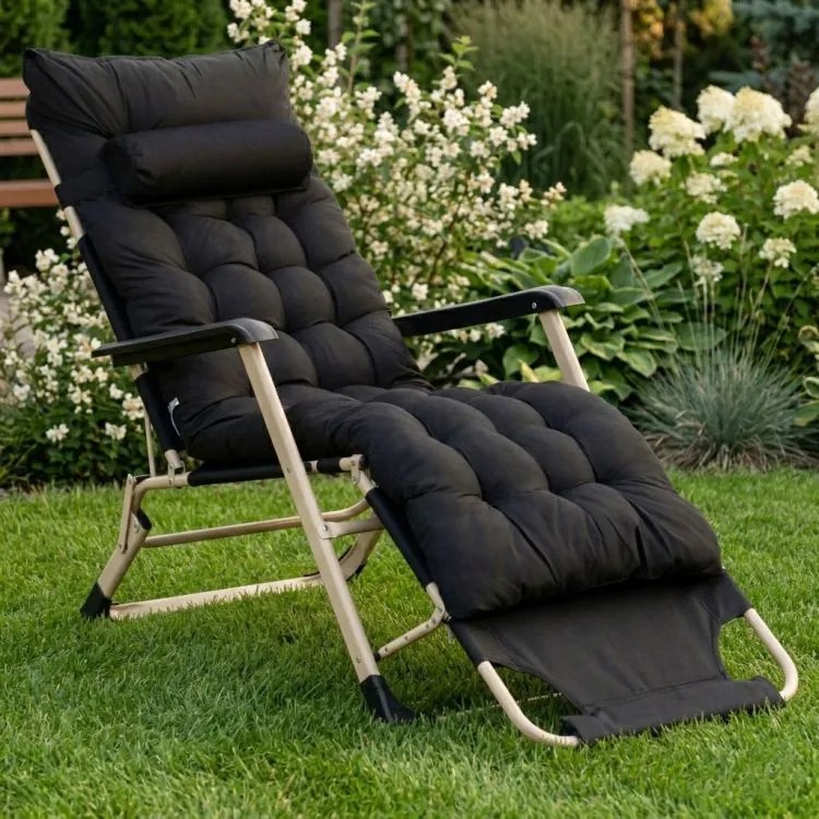 Záhradné plážové ležadlo 2 v 1 s vankúšom, opierkou hlavy, nastaviteľnou opierkou nôh, čierne, zlatý rám