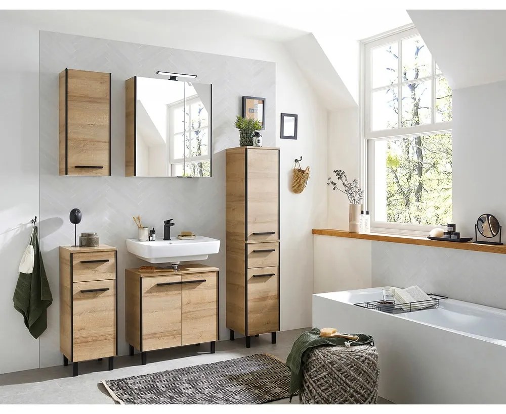 Závesná skrinka pod umývadlo v dekore duba v prírodnej farbe 53x60 cm Quickset 395 – Pelipal