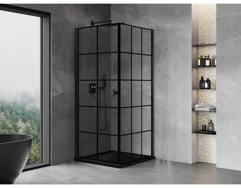 Mexen Mist-B, 1-krídlový výklopný sprchový kút ľavý 80 x 80 cm, čierna mriežka, čierny - 8A2T-080-080-70-77-L