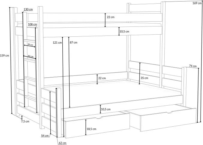Detská poschodová posteľ z masívu borovice s rozšíreným spodným lôžkom BERTA so šuplíkmi - 200x90/140 cm - PRÍRODNÁ BOROVICA