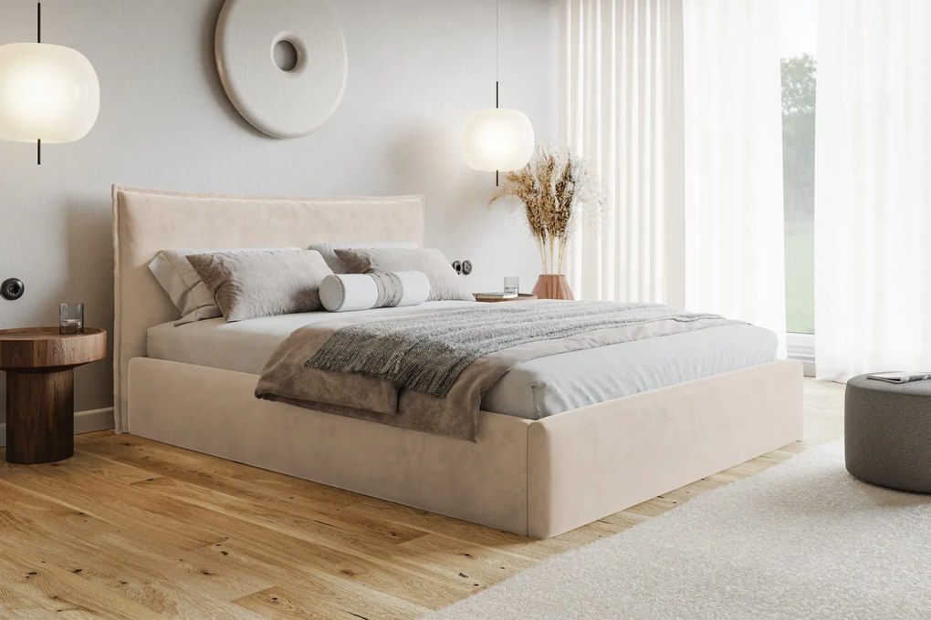 Čalúnená manželská posteľ s úložným priestorom SLIM 14 - béžová zamat | 160×200