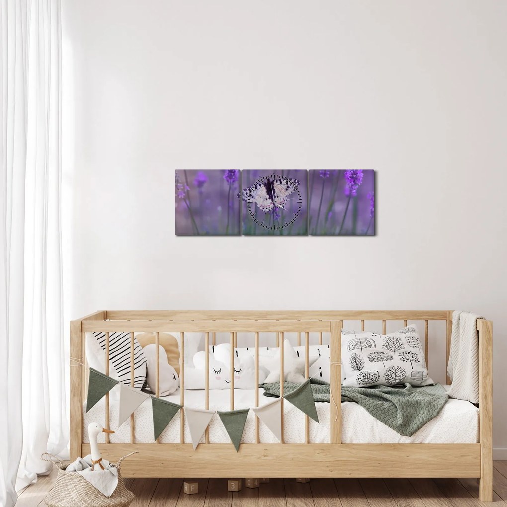 Obraz - Motýľ v levanduli (s hodinami) (90x30 cm)