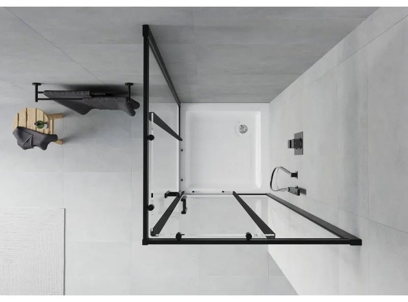 Mexen Rio, štvorcový sprchovací kút s posuvnými dverami 70(dvere) x 70(dvere) x 190 cm, 6mm číre sklo námraza, čierny profil + biela sprchová vanička RIO, 860-070-070-70-00-4510